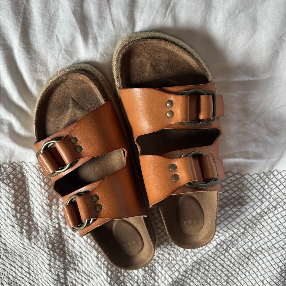 Tan Double Strap Platform Sandals